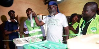 Roots party presidential candidate George Luchiri Wajackoyah voting at Indangalasia Primary School in Kakamega.