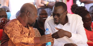 Outgoing Turkana Governor Josphat Nanok (right) and his Trans Nzoia counterpart Patrick Khaemba in Lodwar on August 20, 2022
