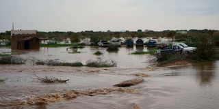 Vehicles submerged at a flooded village in Sudan.