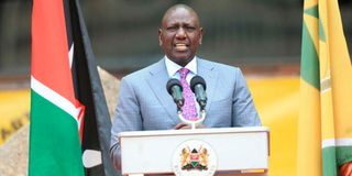 President-elect William Ruto makes his speech during the swearing-in ceremony of Nairobi Governor Johnson Sakaja.