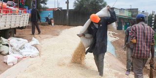 Workers spread maize to dry in Elburgon in October 2021