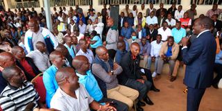 Kisii Governor Simba Arati speaks to county drivers at Gusii Stadium.