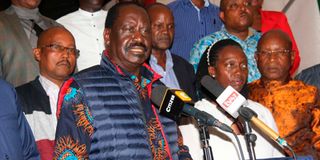 Azimio la Umoja leader Raila Odinga and his running mate Martha Karua addressing the media.