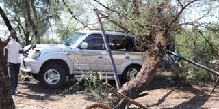 A vehicle at Marigat town, Baringo South that was destroyed by a tree that was felled by a heavy downpour on September 3, 2022