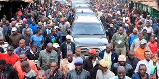 Azimio La Umoja Party presidential candidate Raila Odinga is welcomed by his supporters.