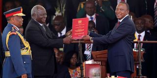 Former President Mwai Kibaki and Outgoing President Uhuru Kenyatta.