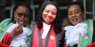 Chief justice Martha Koome, Deputy chief justice Philomena Mwilu and Registrar of the Judiciary Anne Amadi.