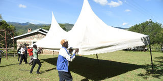 A tent being erected at the Emom rural home of the late Baringo Deputy Governor Charles Kipng’ok in Baringo Central