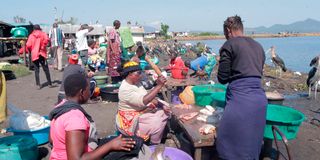 Women scaling and dissecting fish at Kogina beach in Homa Bay town.