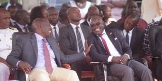 President William Ruto shares a light moment with MDG Party Leader David Ochieng