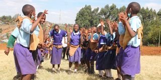 Grade Five pupils at DEB Primary School in Elburgon, Nakuru County perform a topical and patriotic song