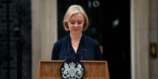  Liz Truss delivers a speech outside of 10 Downing Street announcing her resignation