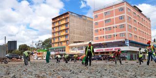 Workers at a road construction site in Nyahururu town