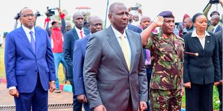 President William Ruto (centre) during the flagging off of a contingent of Kenya Defence Forces soldiers