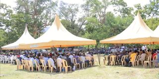 Landowners who were displaced to allow the extraction of fluoride in the Kerio Valley at a meeting on revival of mining company