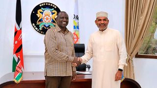 President William Ruto shakes hands with Mombasa Governor Abdulswamad Nassir
