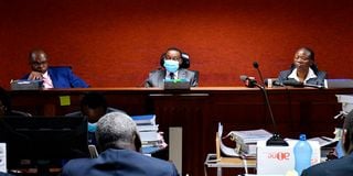Milimani Law Court High Court Judges Roselyne Aburili, Kanyi Kimondo and Jairus Ngaah