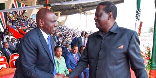 President William Ruto with former Prime Minister Raila Odinga at Nyayo National Stadium