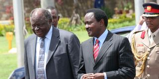 The late President Mwai Kibaki (left) chats with former Vice-President Kalonzo Musyoka