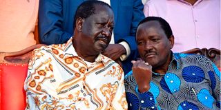 Azimio La Umoja Coalition Leader Raila Odinga (left) confers with Wiper Party Leader Kalonzo Musyoka
