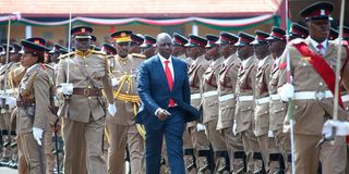 President William Ruto inspects a guard of honour during the Administration Police pass-out parade