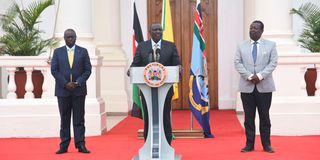 Deputy President Rigathi Gachagua (left), President Dr William Ruto and Prime Cabinet Secretary nominee Musalia Mudavadi