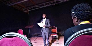 On set, one of the actors during ‘A Country Funeral’ reading at the Ndere Cultural Centre in Kampala’. 
