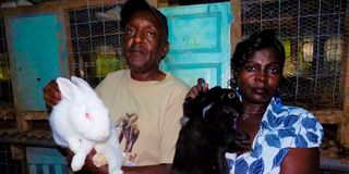 David Kinyanjui Muhia with his wife, Rose Kinyanjui, hold rabbits that they keep in their Daroclael Rabbit Farm