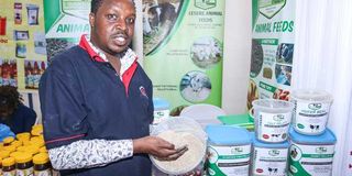 Isaac Lesere Yego, proprietor of Lesere Animal Feed during the 2022 Nairobi International Trade Fair.