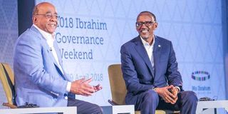 Mo Ibrahim, the founder of the Mo Ibrahim Foundation, chats with Rwanda President Paul Kagame