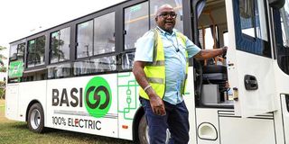 Chief Revenue Officer of BasiGo Bus Company, Moses Nderitu showcase some of the features of the new modern Electric Buses