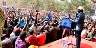 Azimio la Umoja One Kenya Coalition leader Raila Odinga during his rally at Kamukunji Grounds