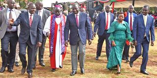 President William Ruto accompanied by First Lady Rachel Ruto, Uasin Gishu County Governor Jonathan Bii