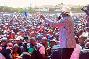 Azimio leader Raila Odinga addressing a rally at Jacaranda grounds in Nairobi County