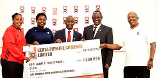 KPC Senior Management and volleyball team pose with cheque