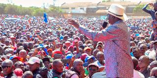 Azimio leader Raila Odinga addressing a rally at Jacaranda grounds in Nairobi County