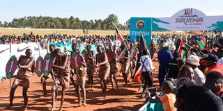 Traditional dancers and athletics fans during the Sirikwa Classic