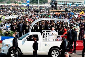 Pope Francis arrives by popemobile for the mass at the N'Dolo Airport in Kinshasa, Democratic Republic of Congo