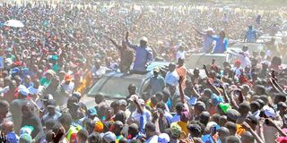 Azimio leader Raila Odinga, Narc Kenya’s Martha Karua and other coalition leaders arrive at Jacaranda grounds