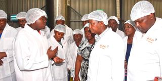 Foreign Affairs Cabinet Secretary Alfred Mutua during a site visit to Kentaste products Limited in Ukunda
