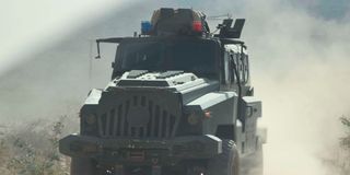 An armoured personnel carrier patrols Marigat-Mochongoi road in Baringo County