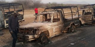 Police vehicles that were set ablaze by bandits at KWS hotspot area in Kainuk, Turkana County on February 15, 2023