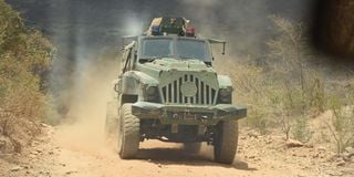 An armored personnel carrier patrols Marigat-Mochongoi road in Baringo County on February 16, 2023