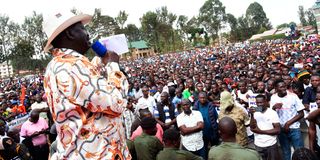 Azimio leader Raila Odinga during a rally at Amalemba grounds in Kakamega