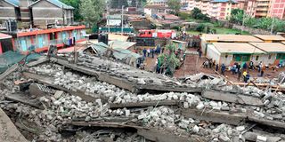 The rubble of a five-storey building that collapsed in Ruaka, Kiambu County