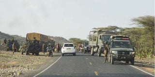 Kenya Defence Forces (KDF) soldiers in a convoy at Marigat in Baringo County on February 17, 2023.