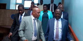 Azimio la Umoja One Kenya leader Raila Odinga (right) with Kwale Senator Issa Boy Juma and other leaders at Parliament Buildings