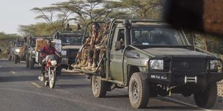 Kenya Defence Forces (KDF) vehicles ferrying soldiers in a convoy at Marigat in Baringo County on February 17, 2023.