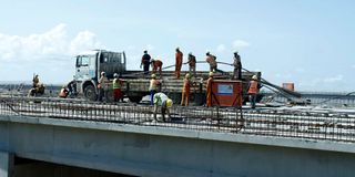 Workers during the construction of the Makupa Bridge in Mombasa