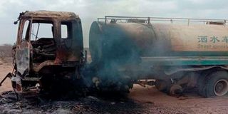 A lorry that was hit by a terrorist’s explosive on the Hayley-Garissa road 